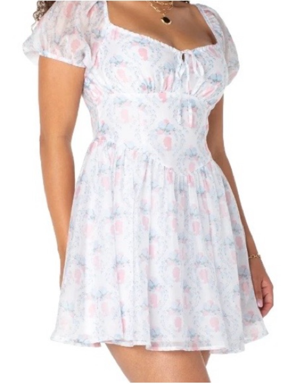 Bridgerton Pastel Floral Puff Sleeve Mini Dress - Pink & Light Blue